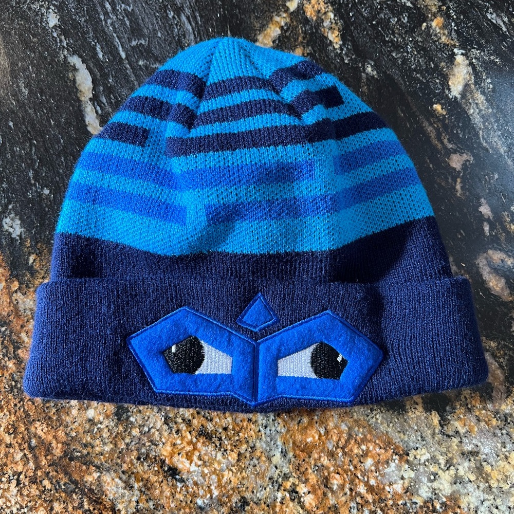 Blue Striped Beanie with Eye Design